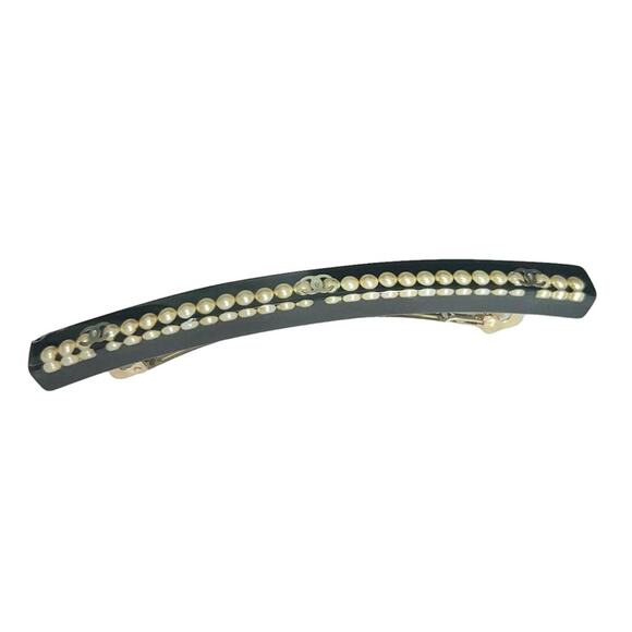AUTH VTG Chanel Black Resin Pearl & Gold CC Logo Inclusion Hair Clip Barrette main image 9